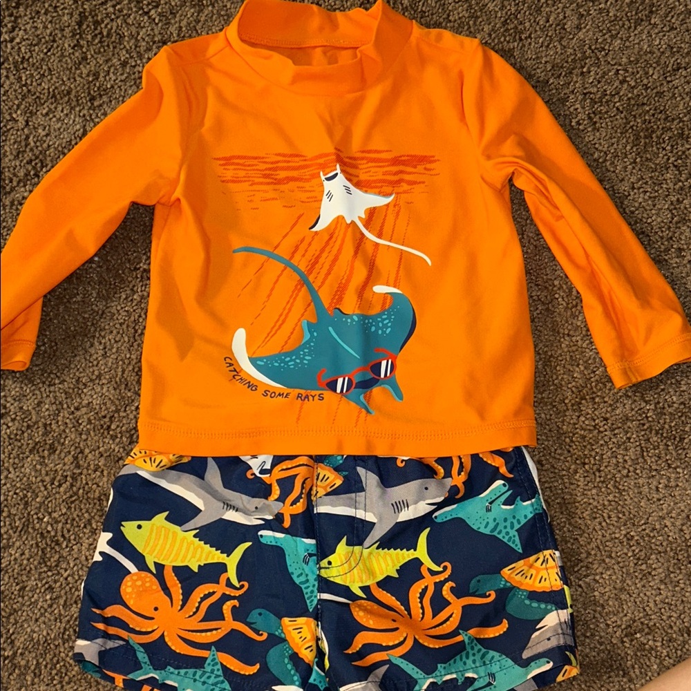 Carter's Orange Rash Guard Set with Navy Sea Life Shorts